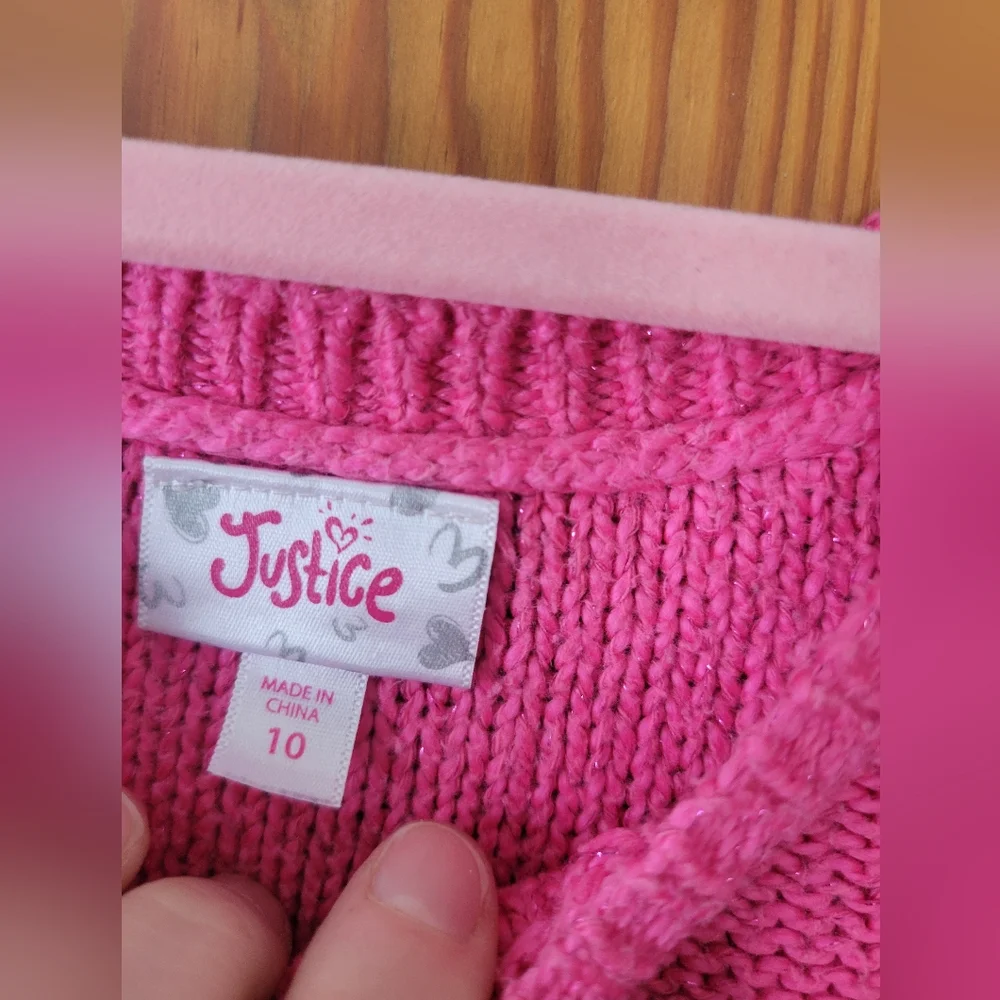 Girls Justice Knit Pink and Gray Striped Metallic Shimmer Sweater 10